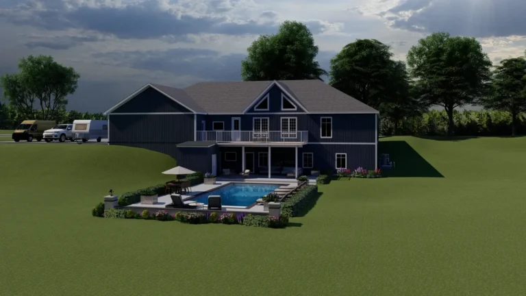 Traditional home design with swimming pool and landscaped backyard
