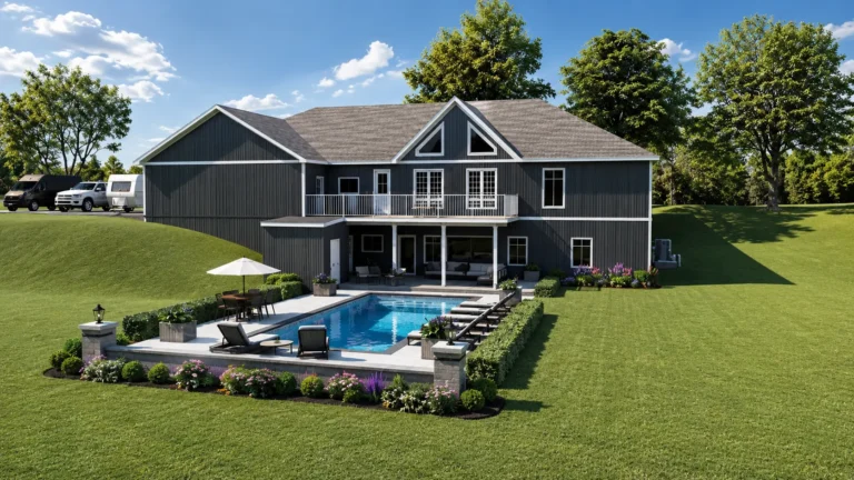 Traditional two-story home with swimming pool and landscaped backyard