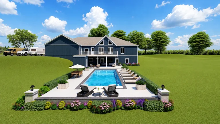 Aerial view of traditional home and rectangular swimming pool