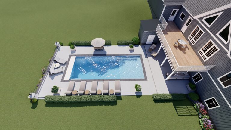 Aerial view of traditional home with rectangular pool and patio