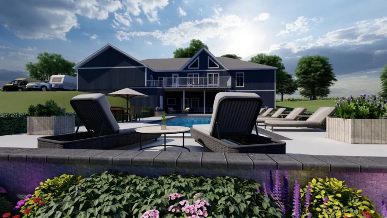 Traditional home with covered patio and swimming pool