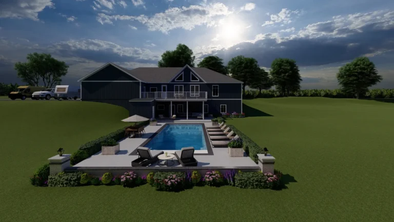 Aerial view of traditional home with swimming pool and backyard landscape